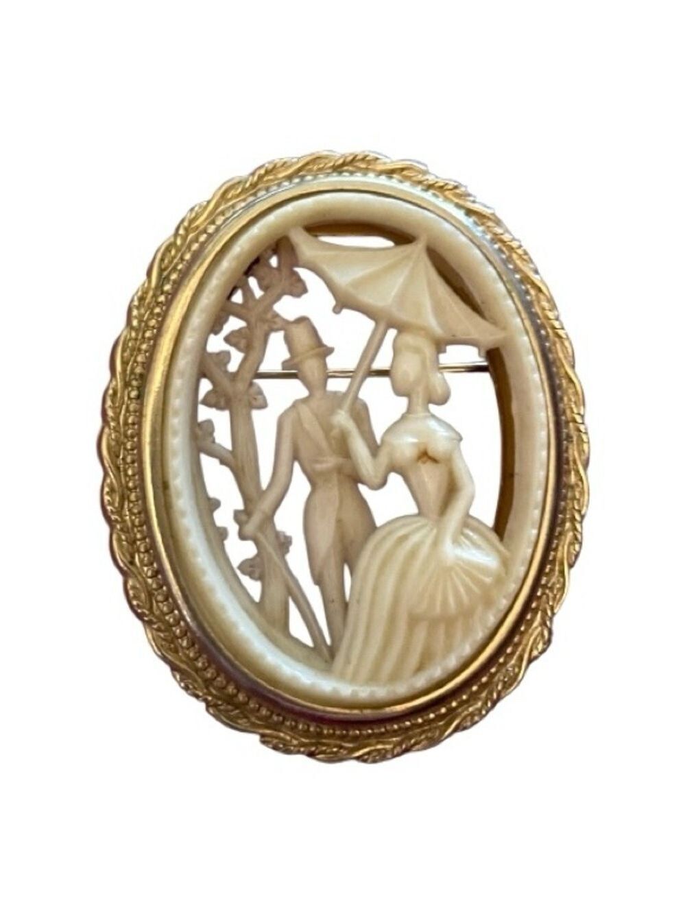Vintage CORO Courting Couple w/Parasol Carved Celluloid Brooch, Signed Coro